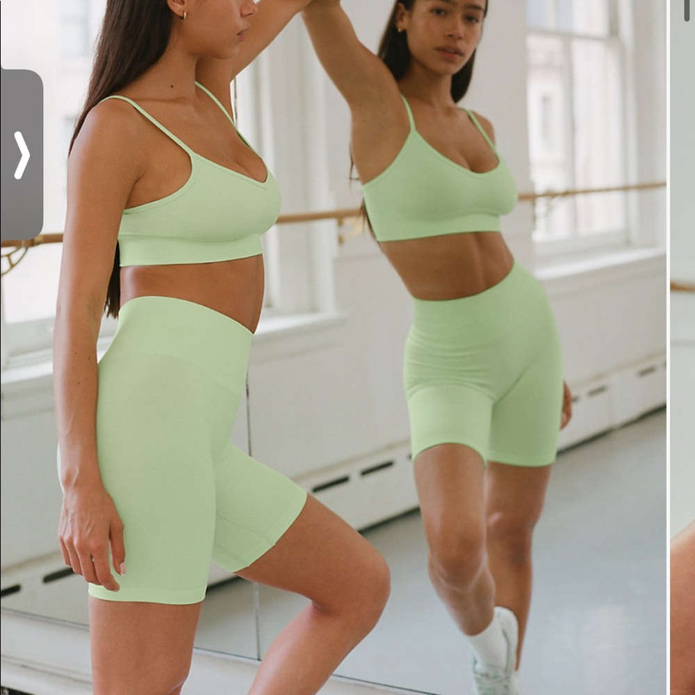 light green aritzia biker short and sports bra set